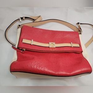 Coach crossbody shoulder bag. Red white and tan leather. Deep flap pocket.
